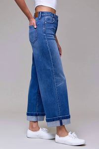 HIDDEN Cuffed High Rise Wide Leg Jean in medium wash - women's jeans - detail view