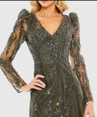 Mac Duggal - Long Sleeve Beaded V-neck Gown