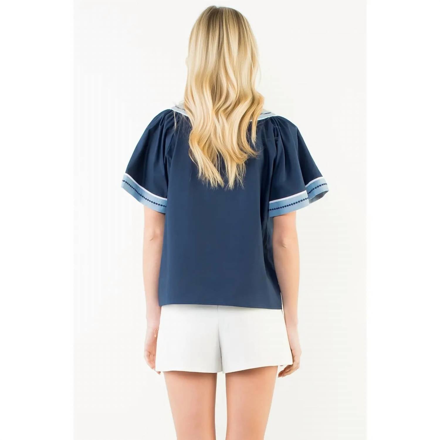 Thml - Wide Sleeve Contrast Trim V Neck Top