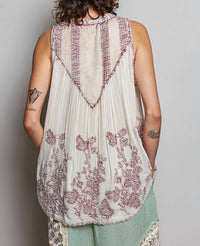 Pol - Embroidered V Neck Sleeveless Elastic Loop Shirring Top
