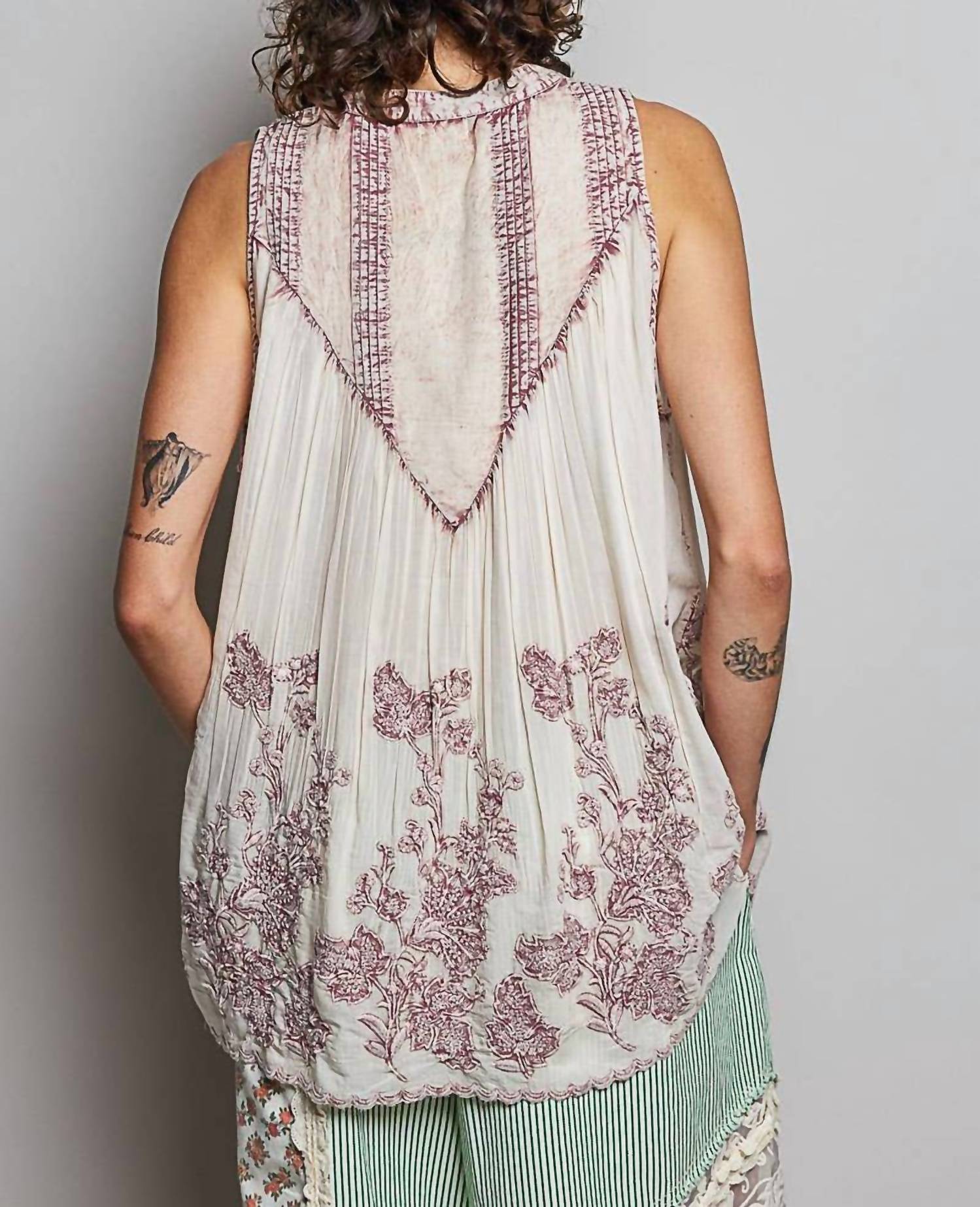 Pol - Embroidered V Neck Sleeveless Elastic Loop Shirring Top