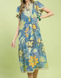 Umgee - Mix Boho Floral Flutter Sleeve Midi Dress