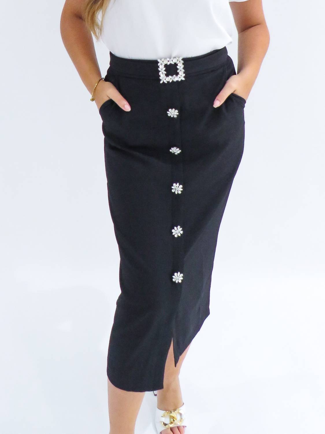 Ina Fashion - Rhinestone Button Down Midi Skirt