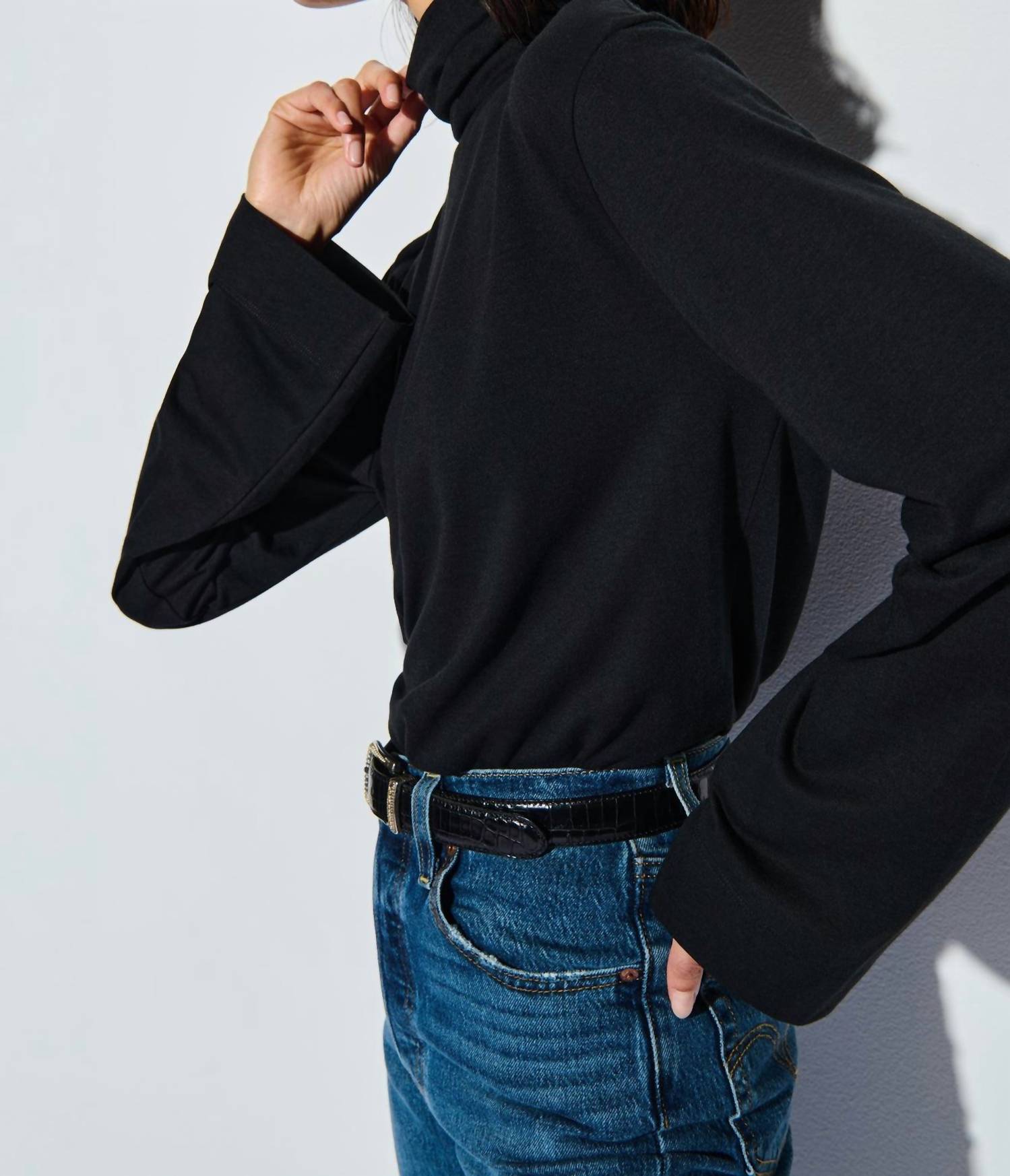 Nation LTD Neo Mock Neck T-shirt in jet black - women's long sleeve top - detail view