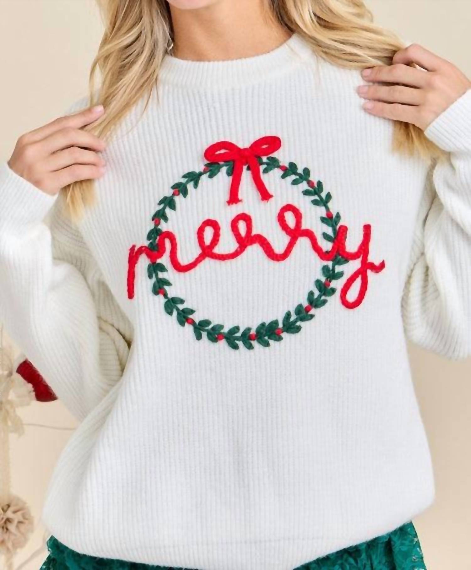 Mainstrip - Saige Merry Embroidered Christmas Wreath Sweater