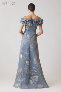 Teri Jon - Jacquard Scrunch Neckline Off Shoulder Gown