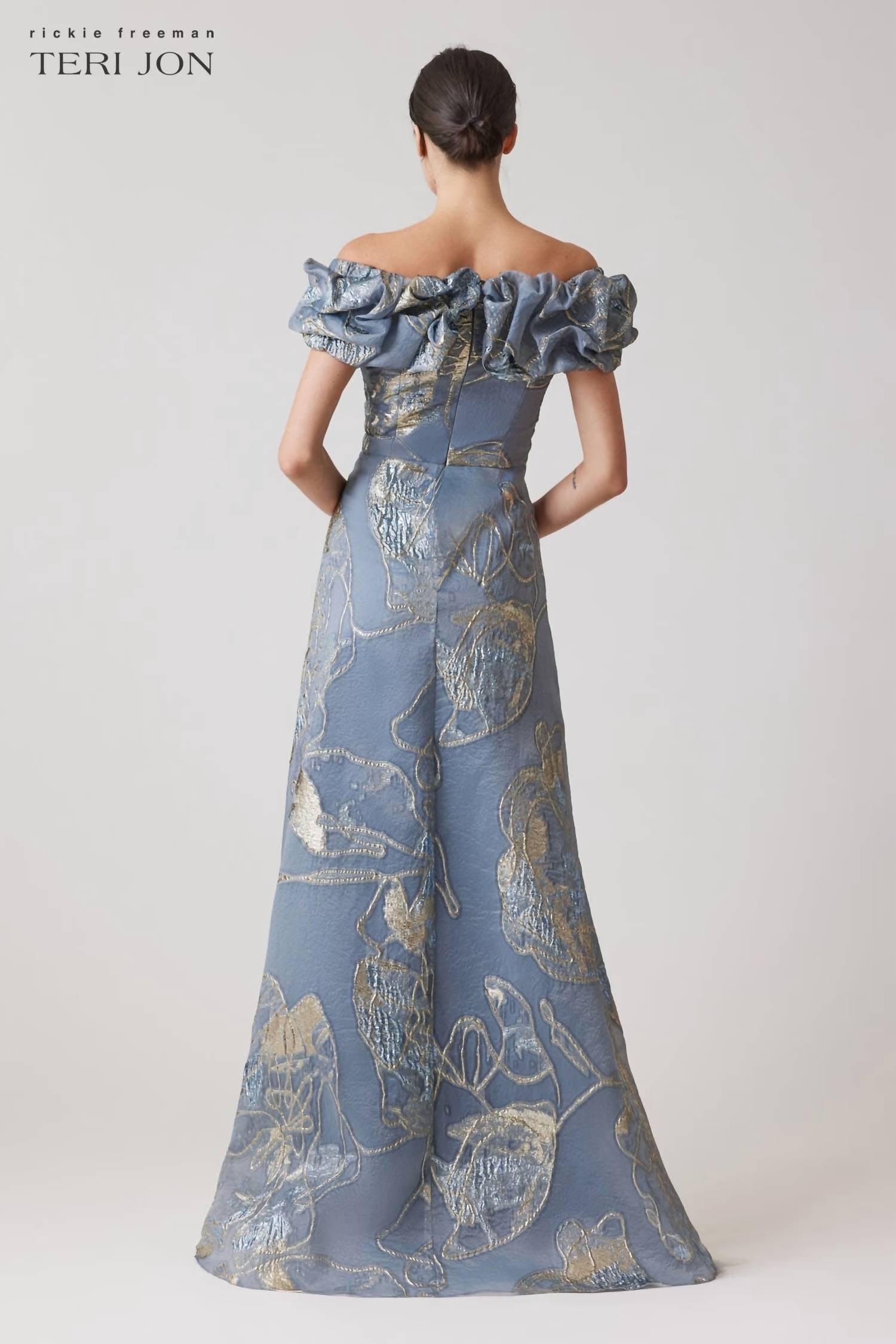 Teri Jon - Jacquard Scrunch Neckline Off Shoulder Gown