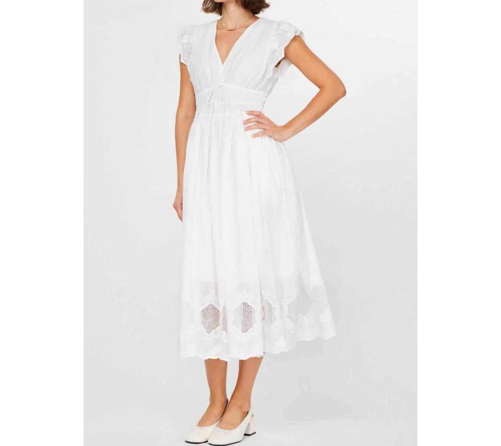 Current Air - Embroidered Lace V-neckline Midi Dress