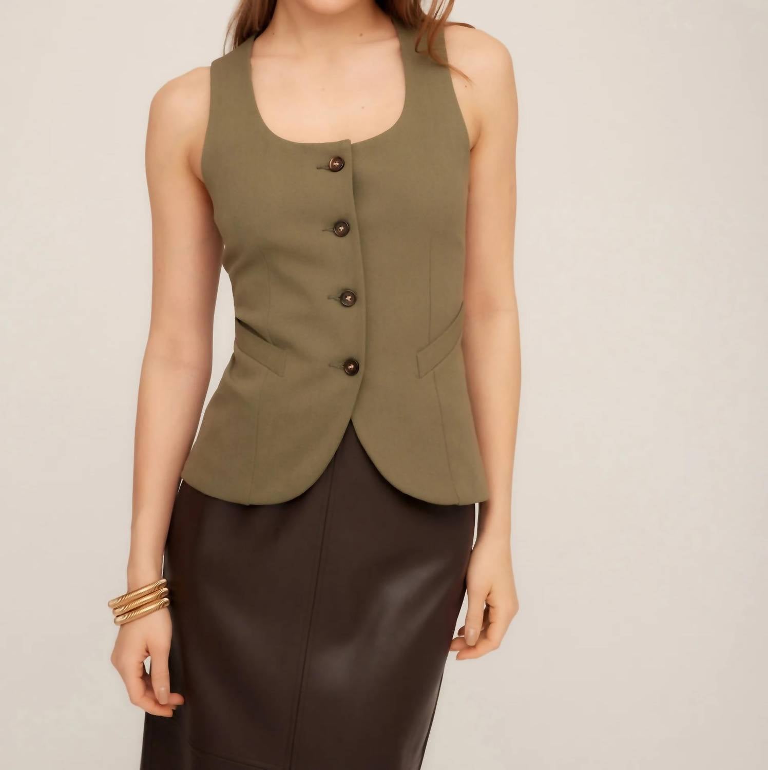 Fifteen Twenty Joni Button Up Vest in light olive - women's blouse - detail view