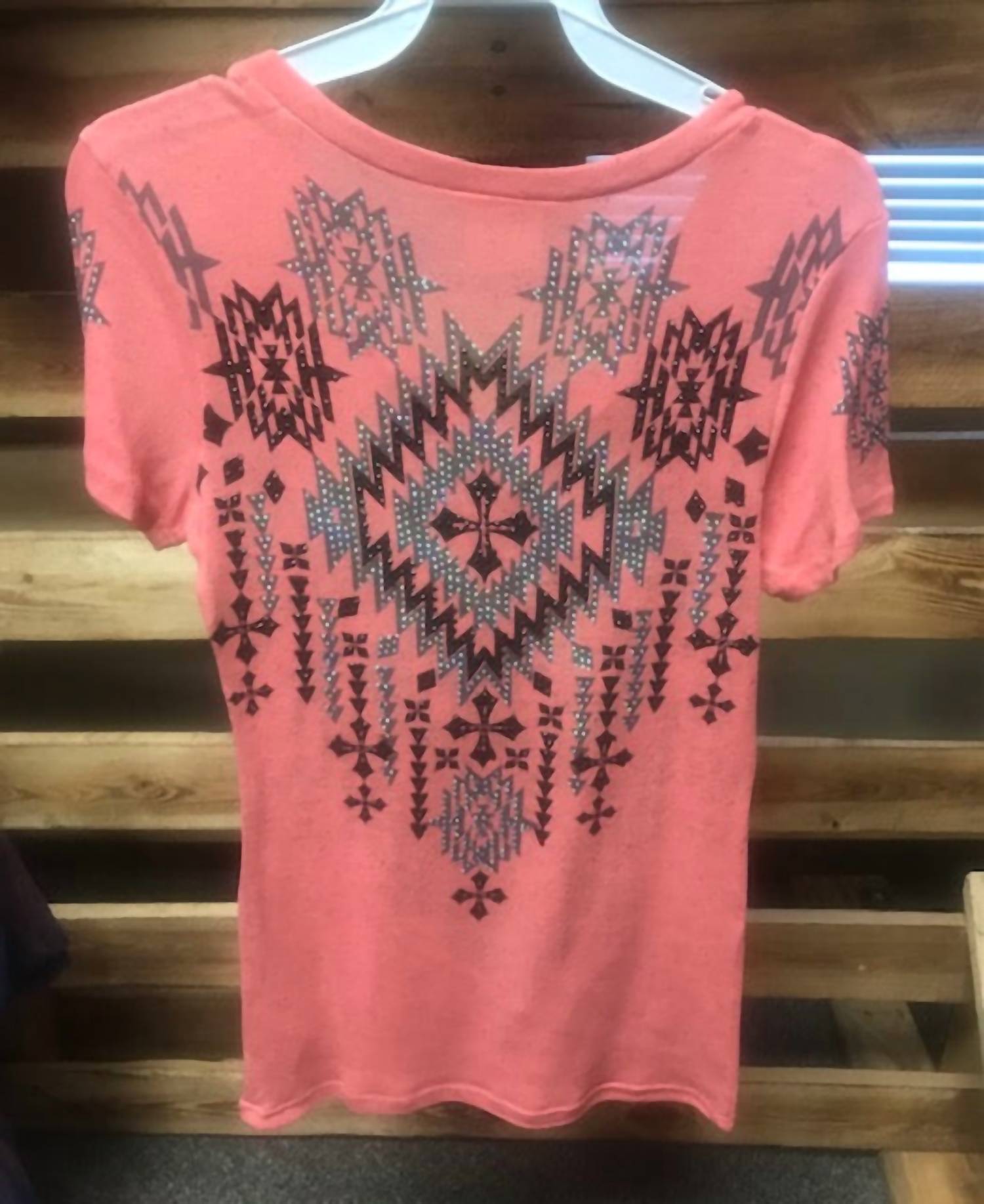 Vocal Apparel - Women's Short Sleeve Top With Aztec & Rhinestones
