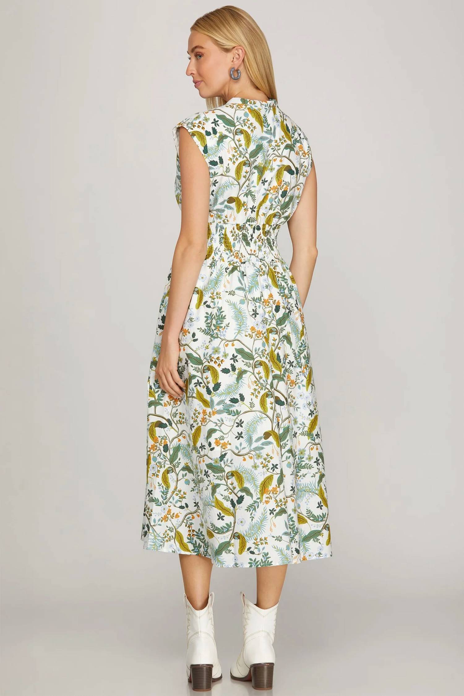 She + Sky - Drop Shoulder Smocked Front Zip Dress