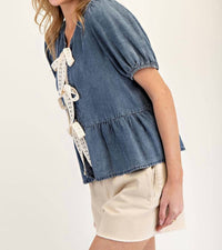 Ee:Some - Better With Lace Bow Denim Top