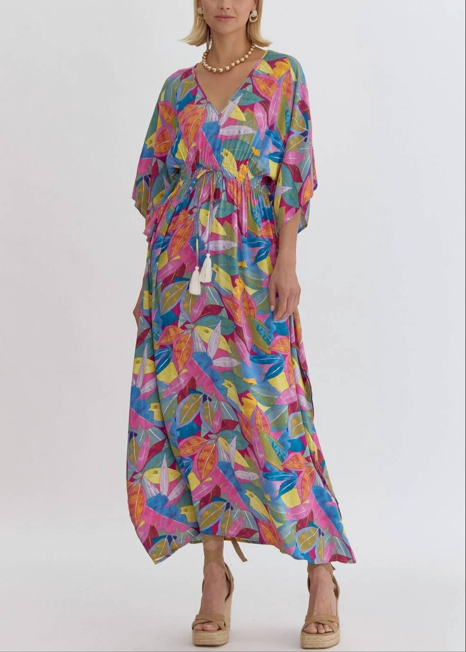 Entro - Colorful Print V-neck Maxi Dress