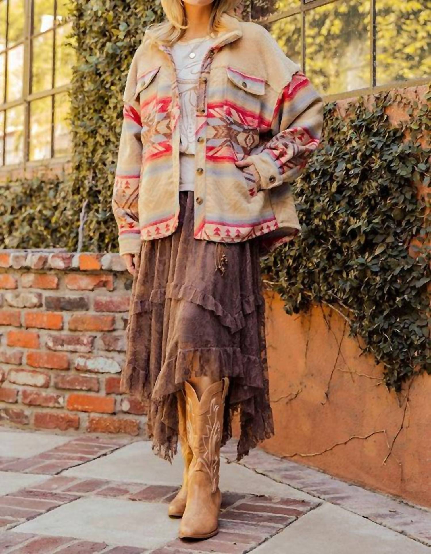 Easel - Ethnic Print Button Down Shacket