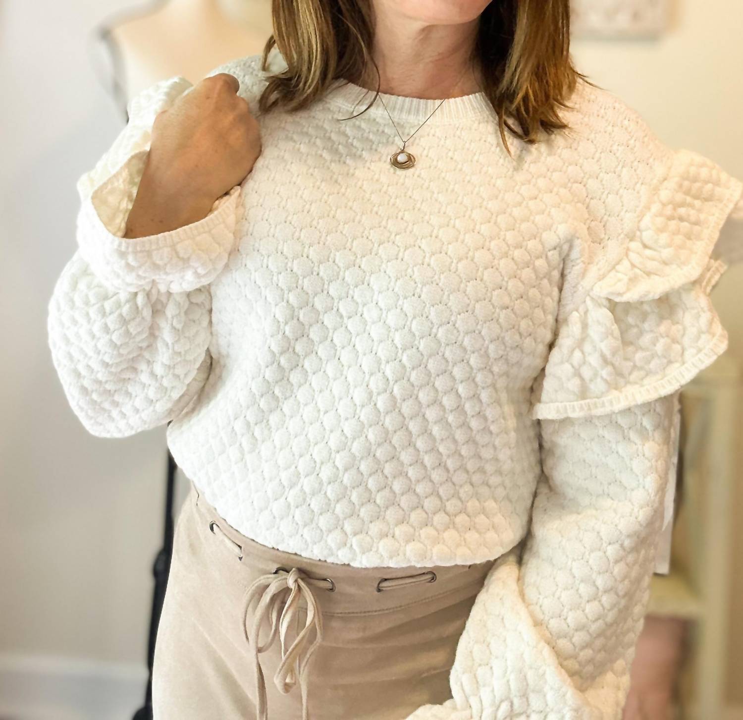 J.Nna - Ruffle Shoulder Quilted Knit Sweater
