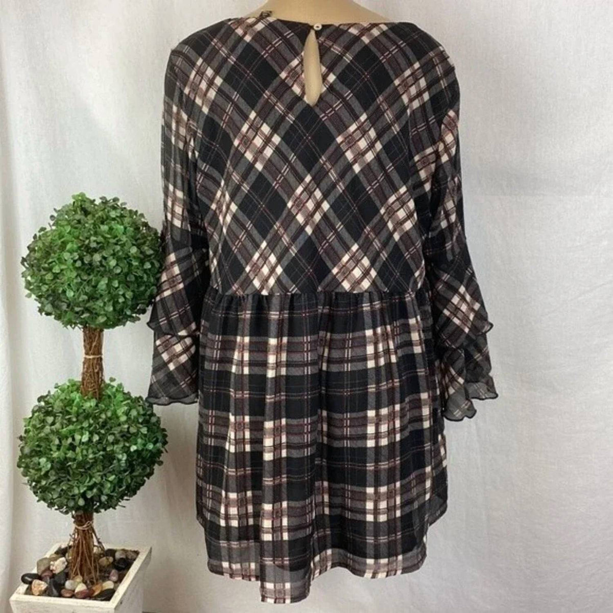 Suzanne Betro - Gingham Ruffle Sleeve Tunic Top