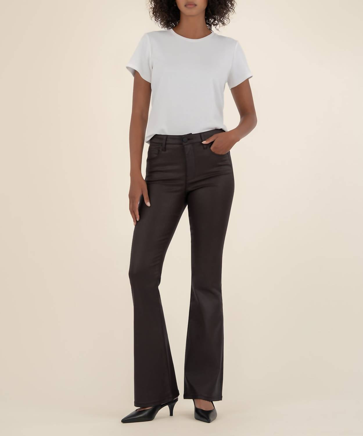 KUT FROM THE KLOTH Ana Coated High Rise Fab Ab Flare Jeans in chocolate - women's jeans