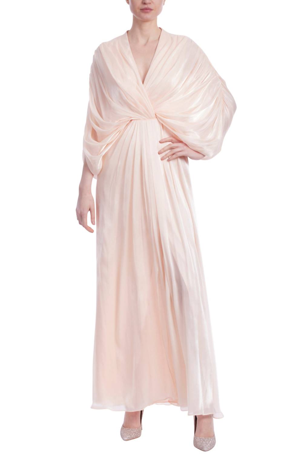 Badgley Mischka - Deep V-wrap Neckline Dolman Sleeves Column Maxi Gown Dress