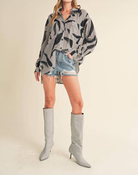 AEMI + CO Elodie Linen Printed Button Up Shirt in grey and black - women's shirt - view 5
