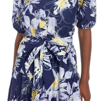 London Times - Printed Jewel Neckline Puff Sleeve Tiered Midi Dress