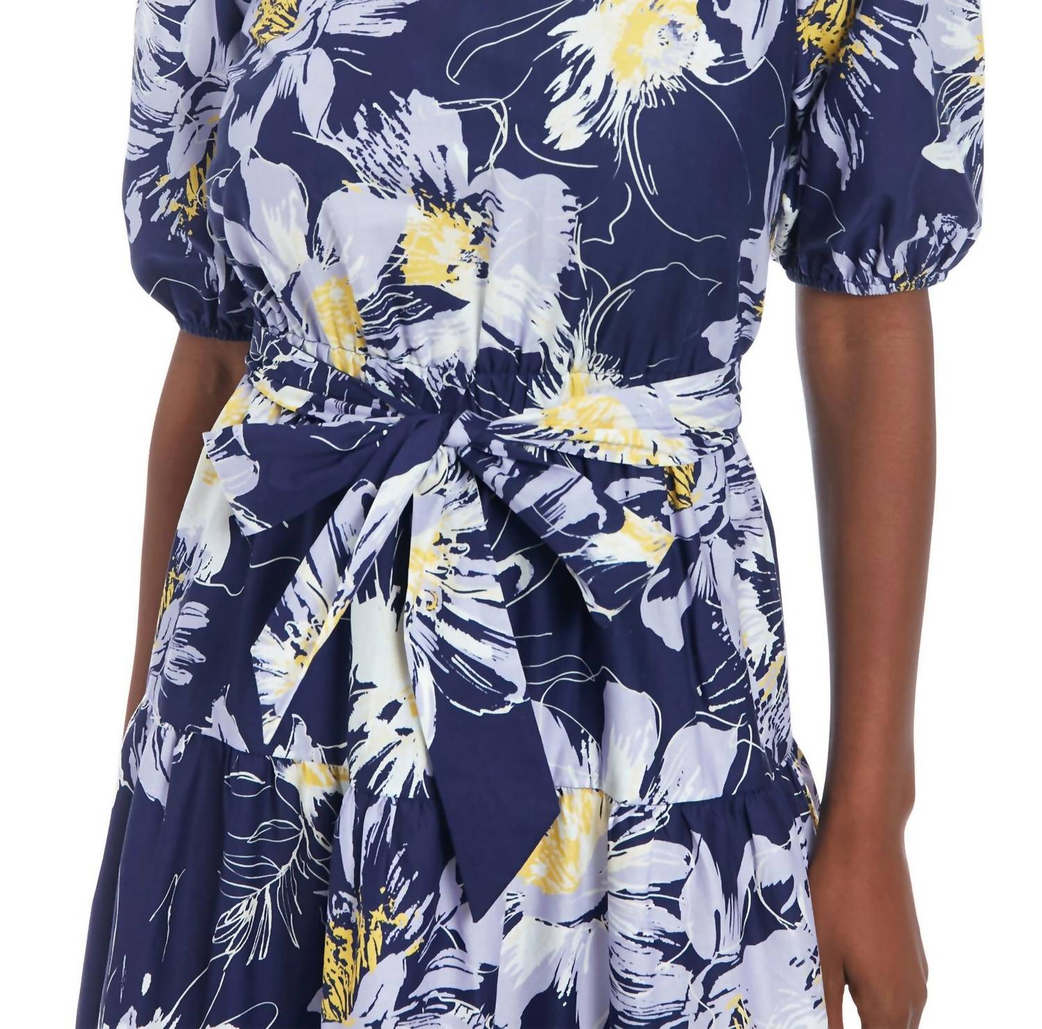 London Times - Printed Jewel Neckline Puff Sleeve Tiered Midi Dress