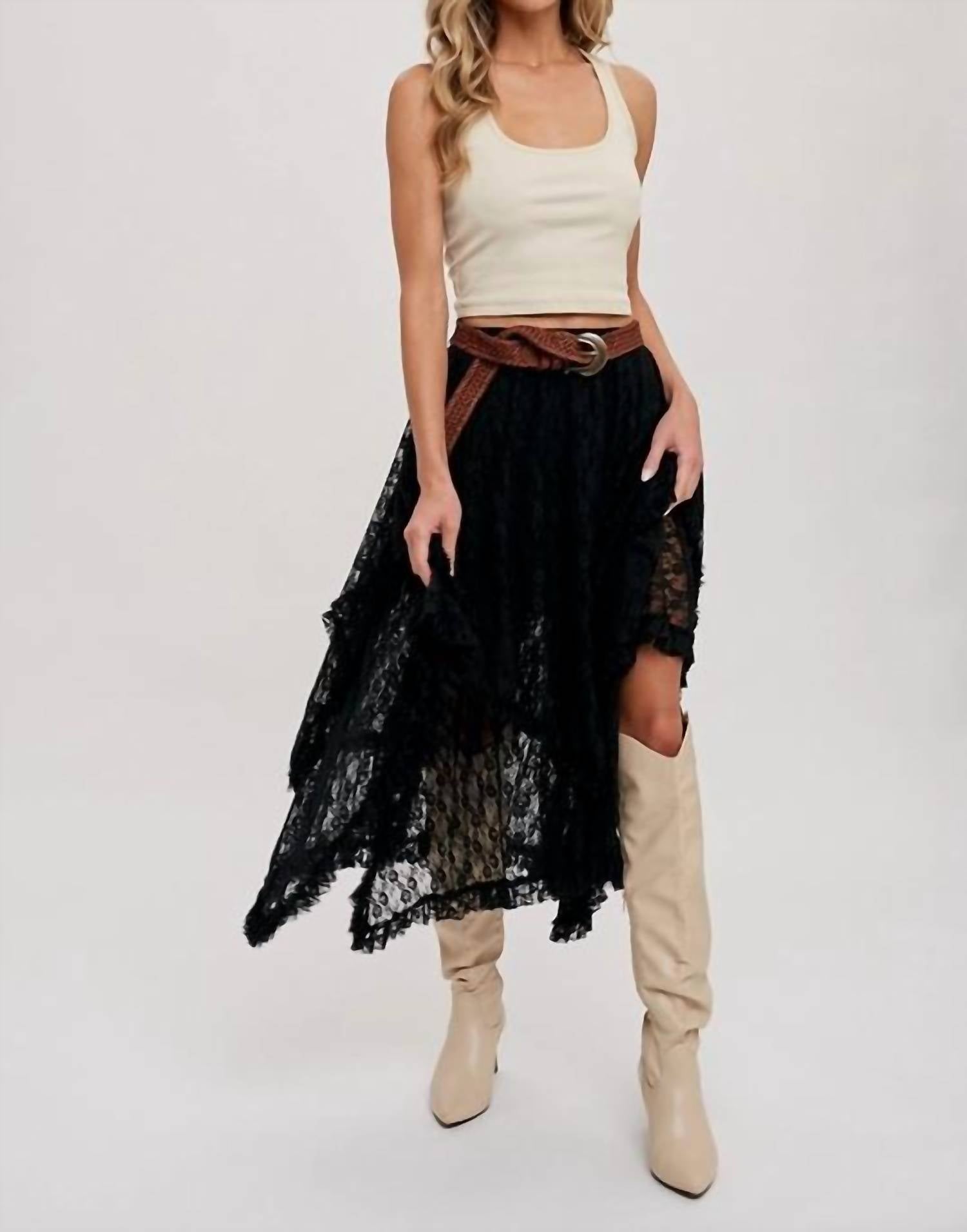 BluIvy Floral Lace Tiered Midi Skirt in black - women's skirt - alternate view