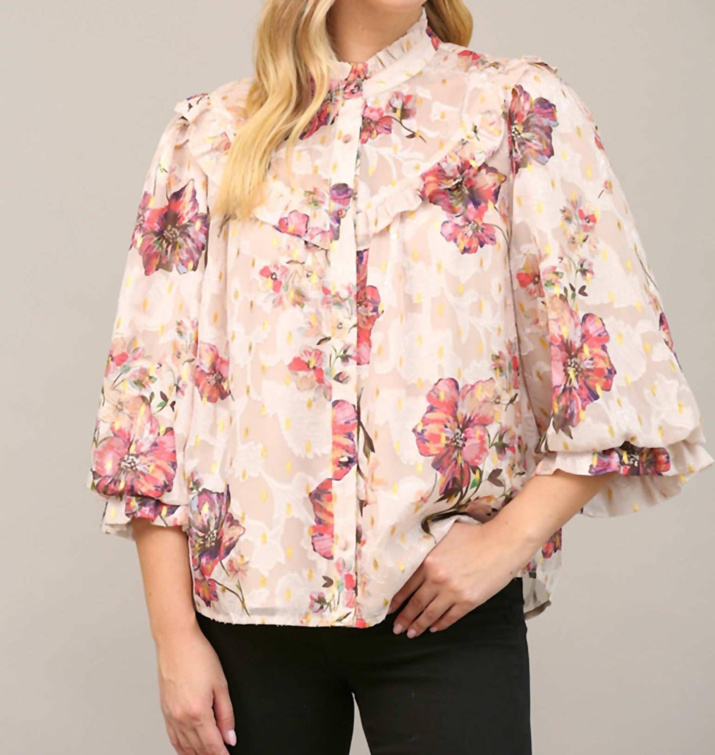Fate Metallic Floral Chiffon Sleeve Blouse in cream - women's blouse