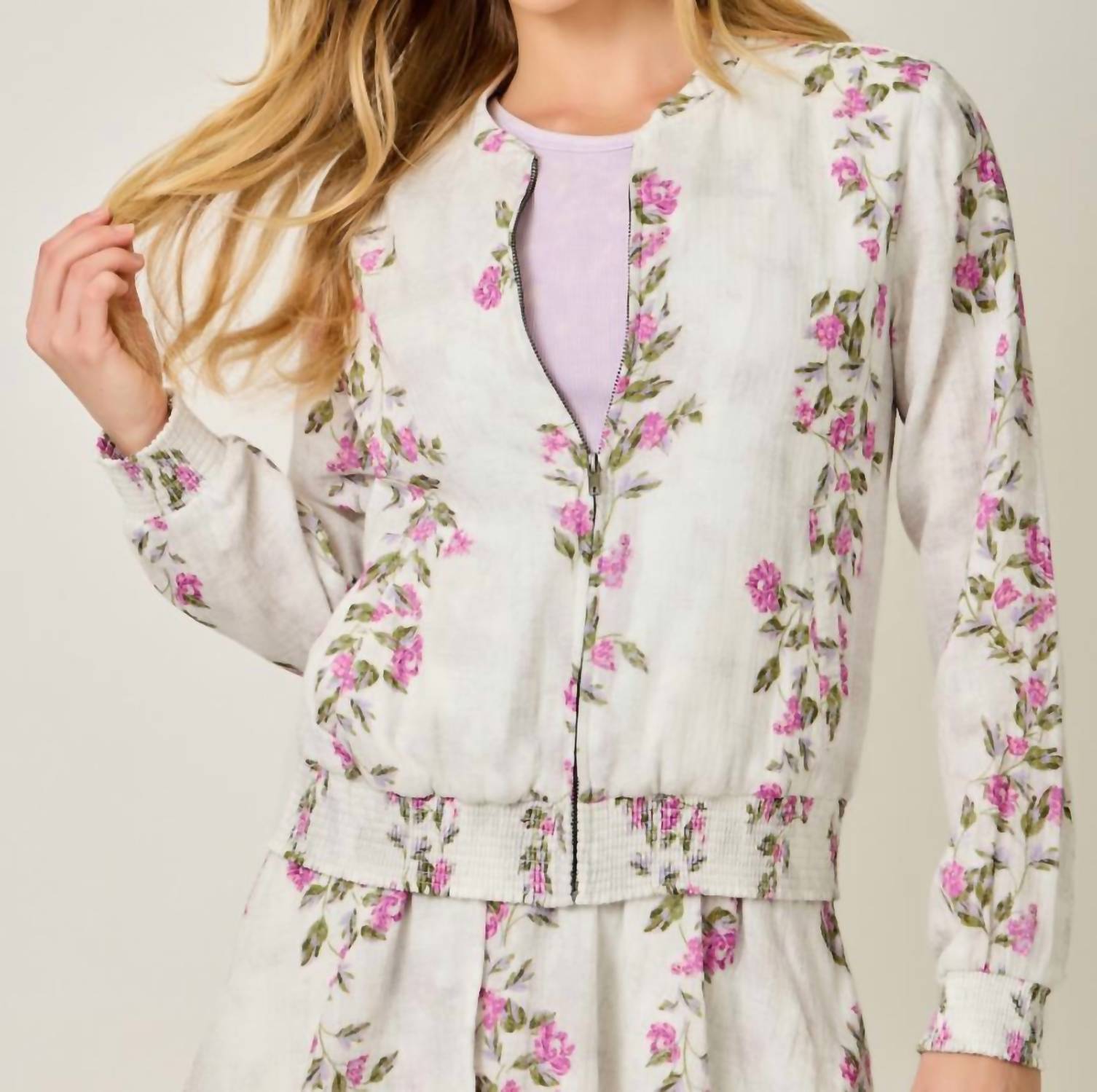 mystree Floral Linen Bomber Jacket in multi - women's jacket