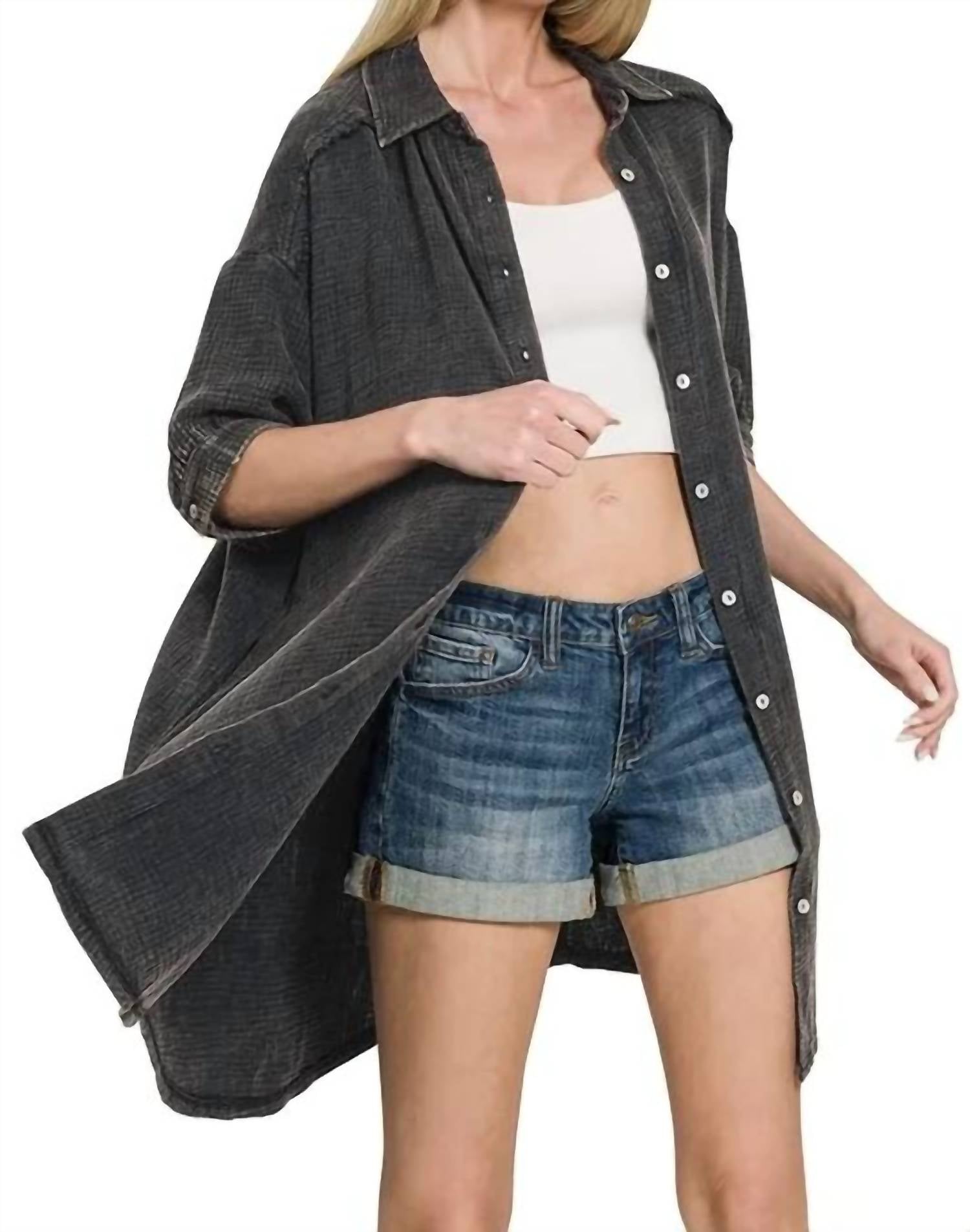 Zenana - Gauze Button Down Short Sleeve Shirt