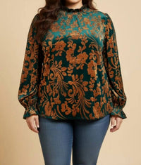 Hayden La - Paisley Burnout Velvet Ruffle Neck Top