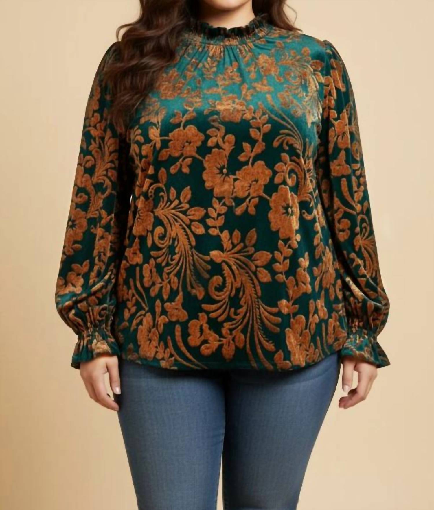 Hayden La - Paisley Burnout Velvet Ruffle Neck Top