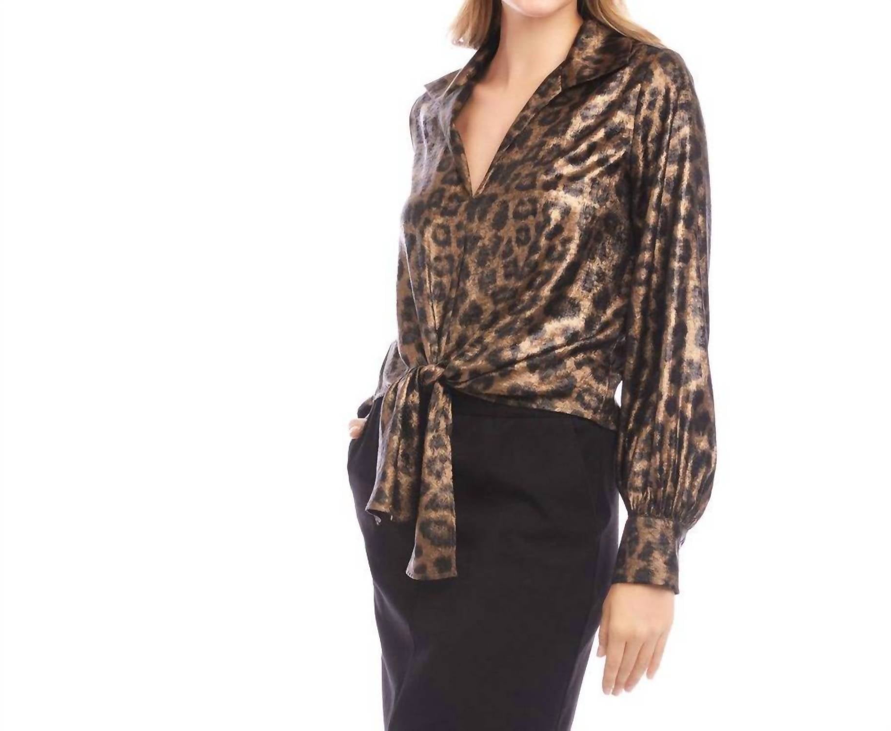 Karen Kane Long Sleeve Tie-Front Top in leopard 1 - women's blouse - detail view