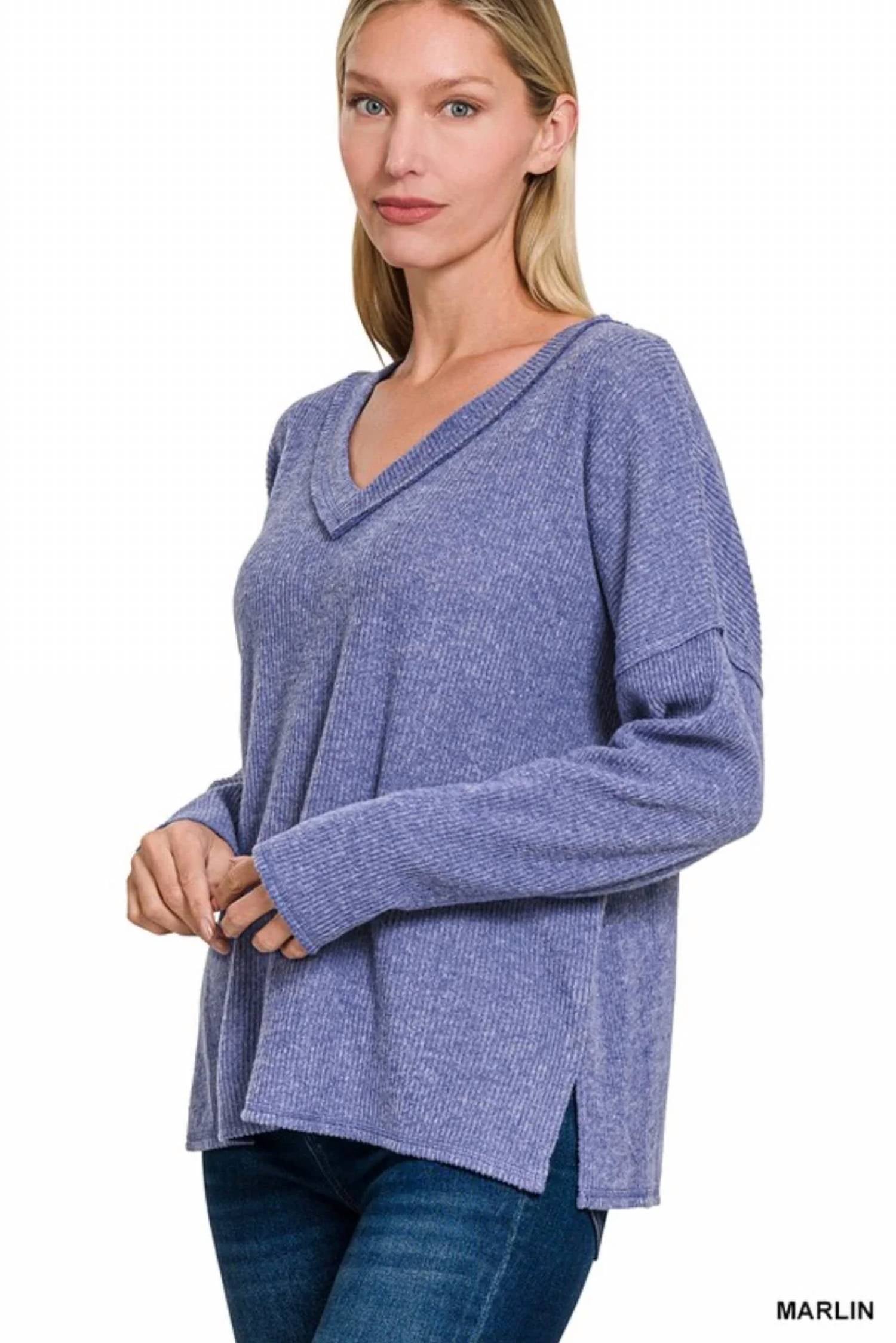 42Pops - Ribbed V Neck Drop Shoulder Sweater