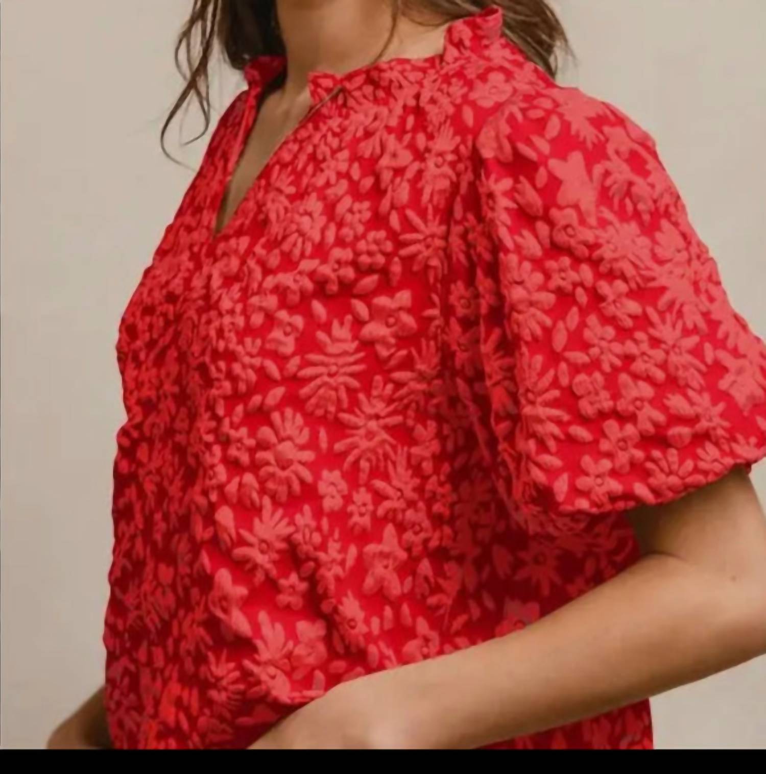BiBi Floral Balloon Sleeve Top in red - women's blouse - detail view