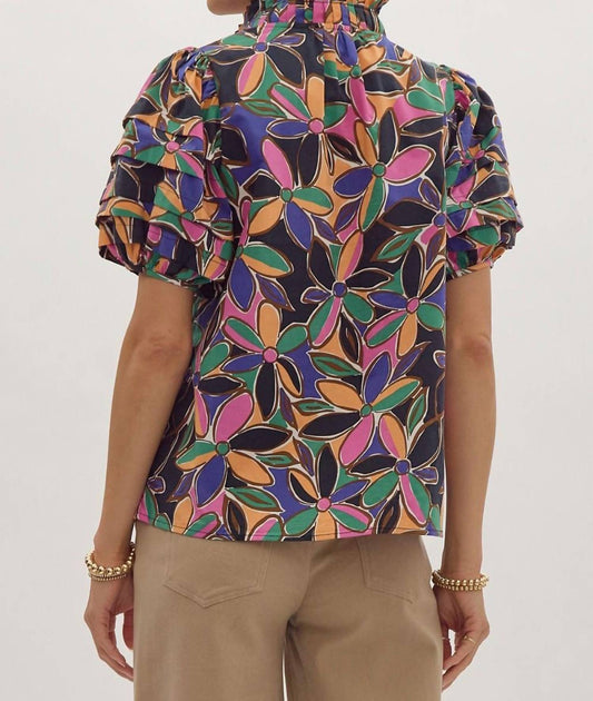 Entro - Floral Print Short Sleeve Tiered Detail Blouse