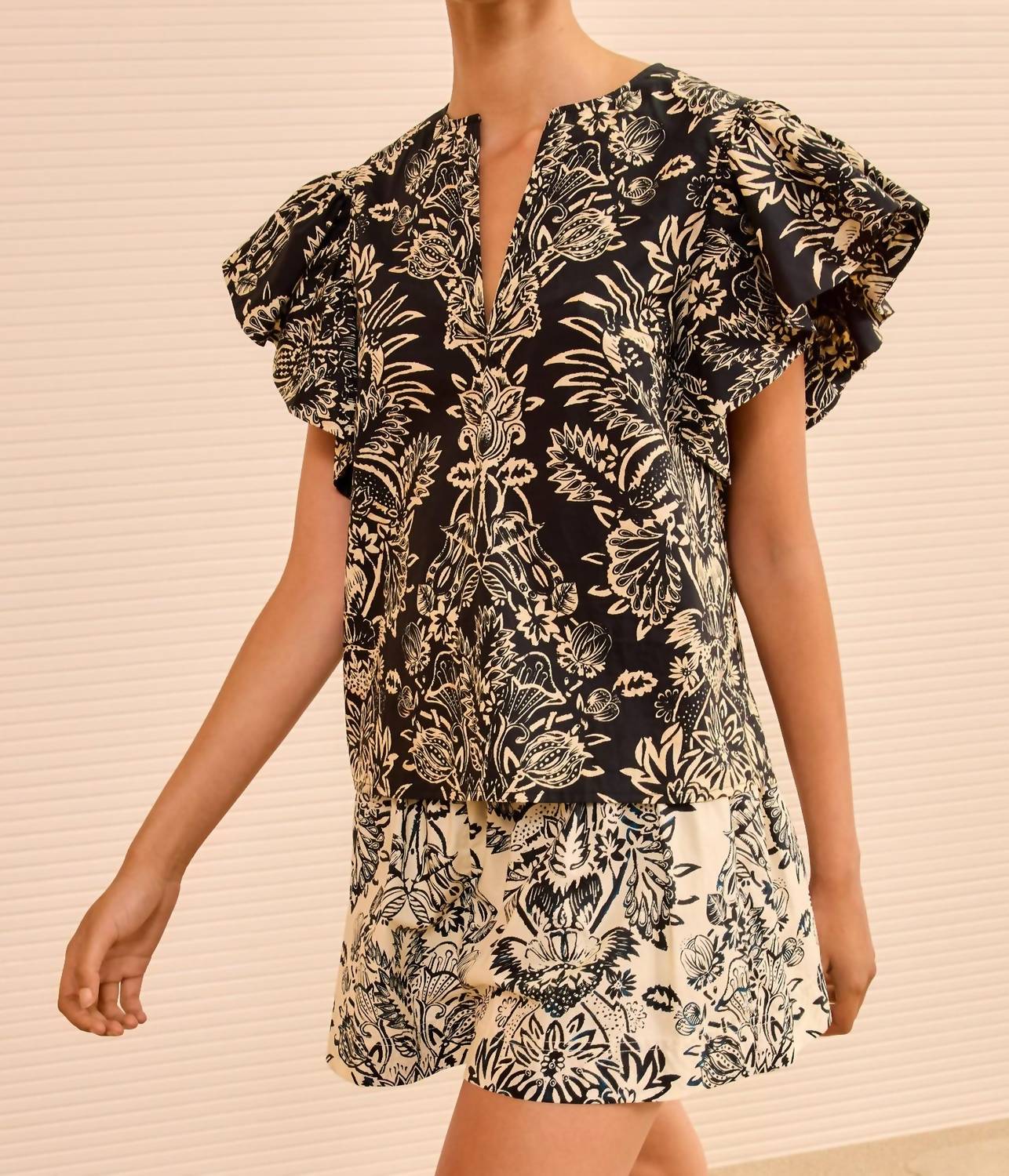 Ulla Johnson Severine Flutter Sleeve Top in noir flora 1 - women's blouse