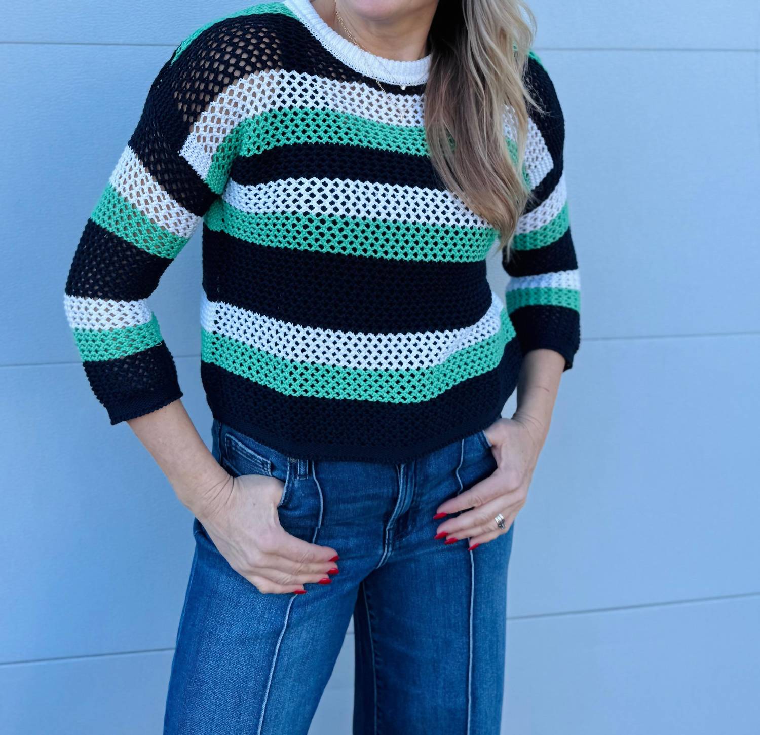 Pure Amici Ally Mesh Stripe Sweater in mint - women's sweater