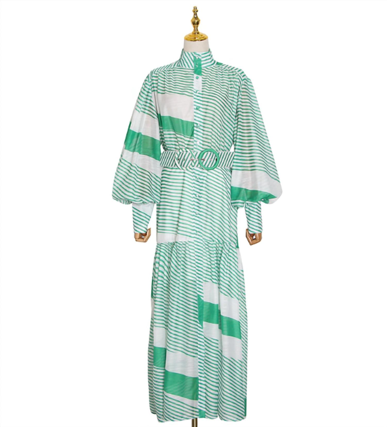 Rossario George - Women's Striped Belted Bohemian Style Maxi Dress