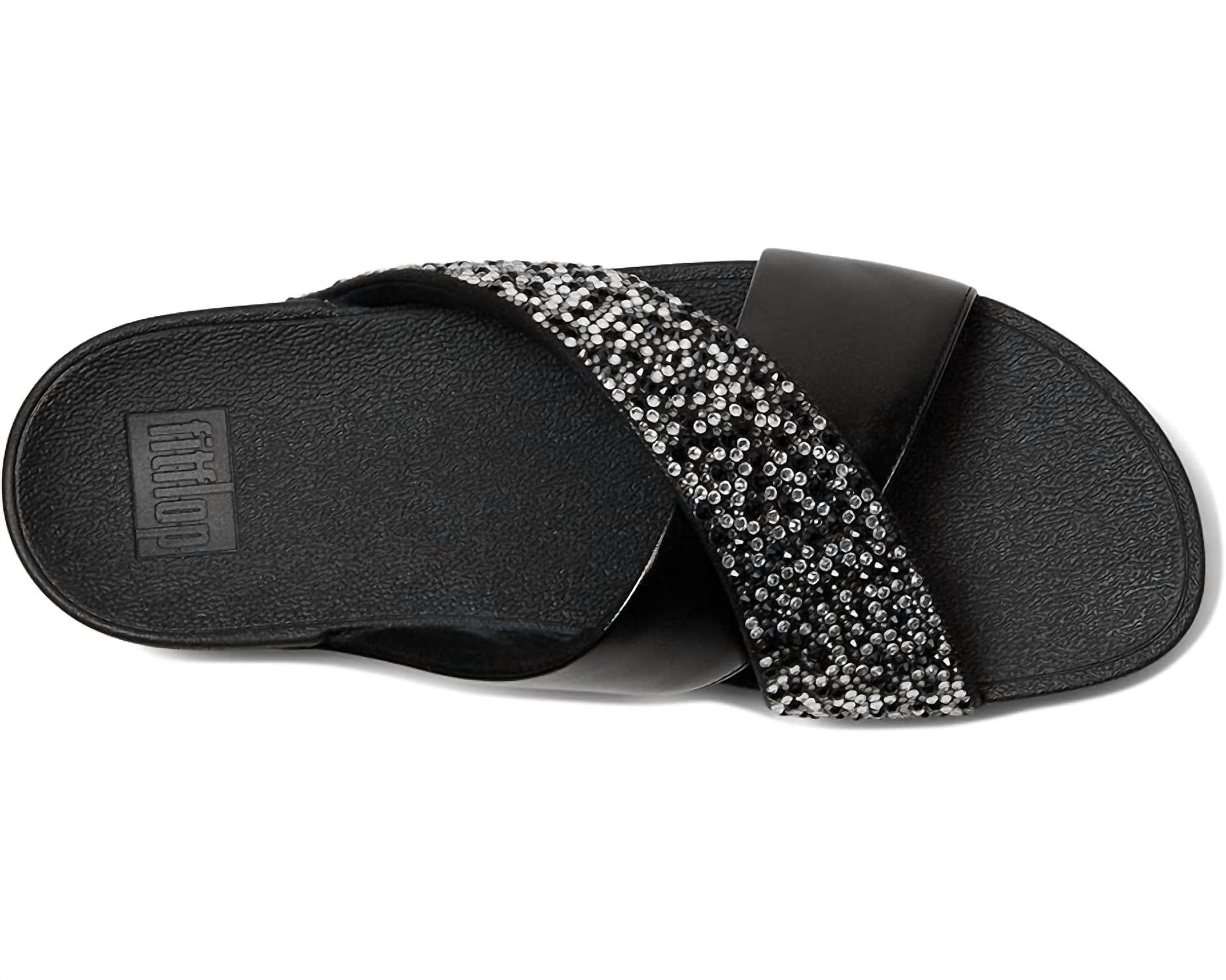 fitflop Women's Lulu Crystal Mix Metallic Cross Wedge Slides in all black - women's sandal - view 7