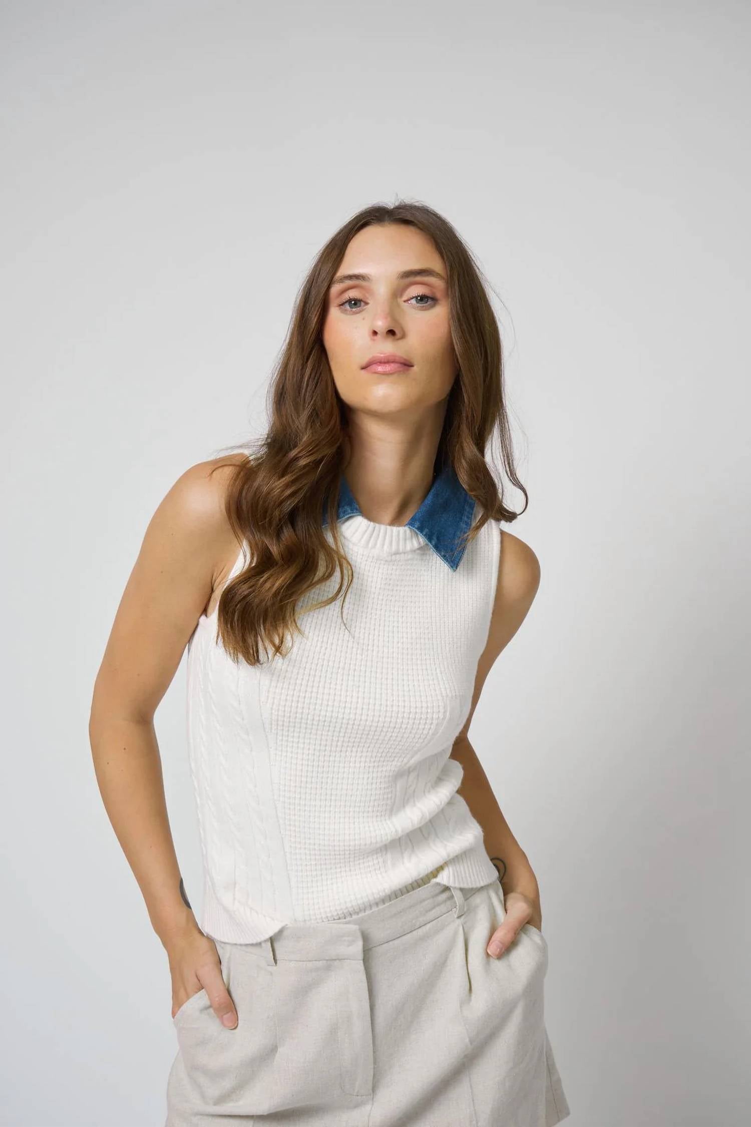 Central Park West - Serena Mixed Stitch Denim Collar Shell Tank