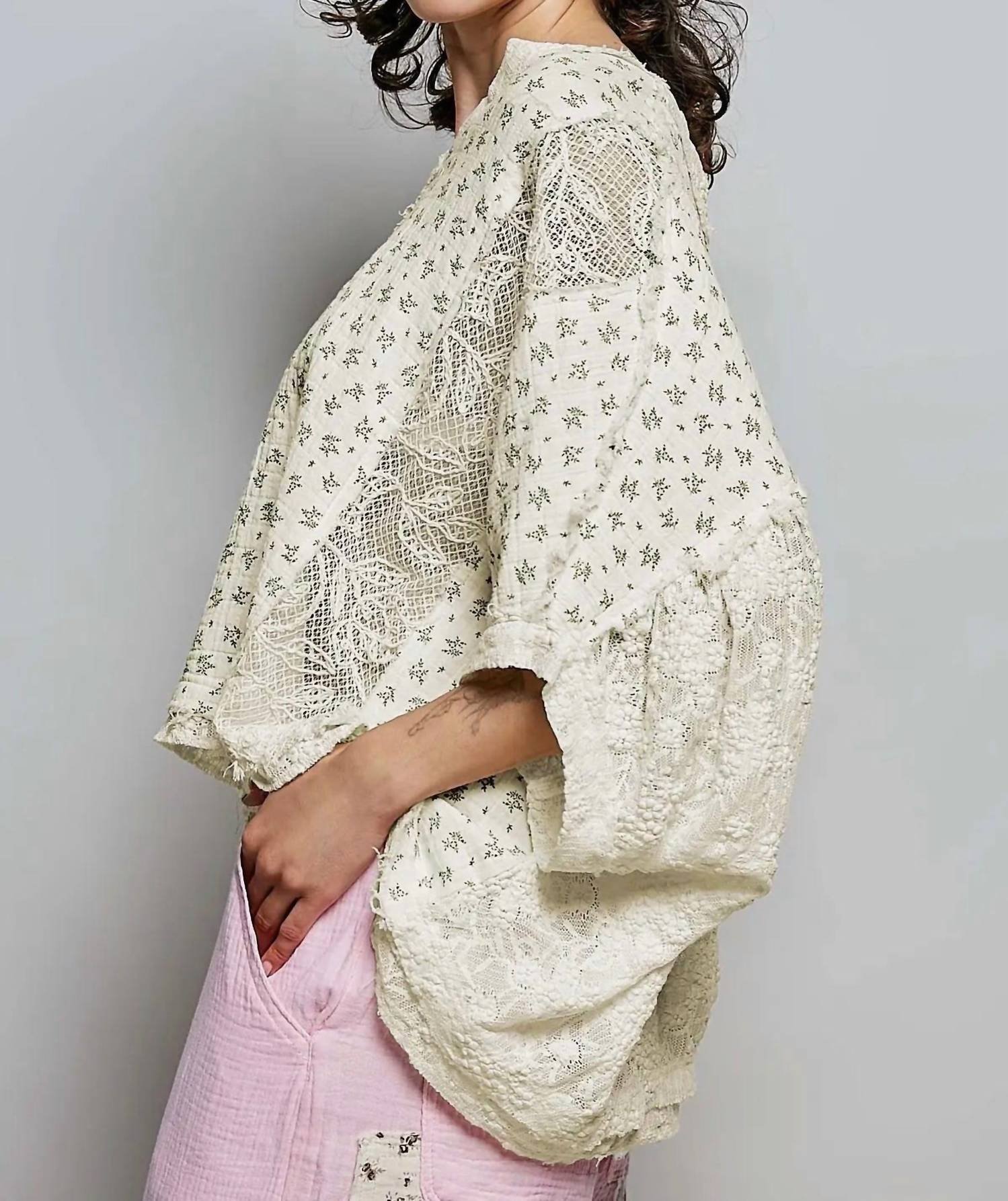 POL Floral Sheer Top in ivory - women's shirt - alternate view