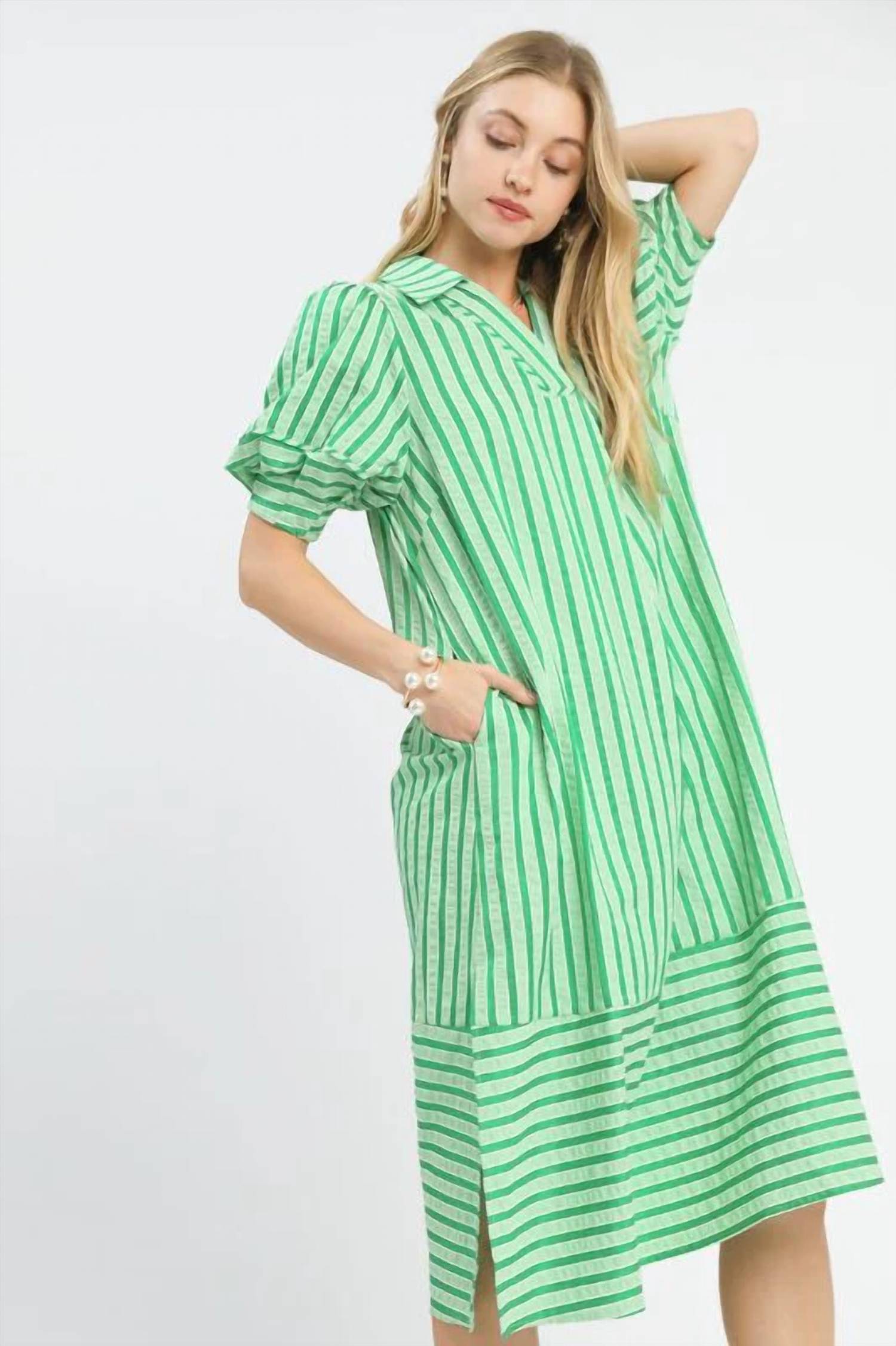 Umgee - Striped Puff Sleeve Midi Dress