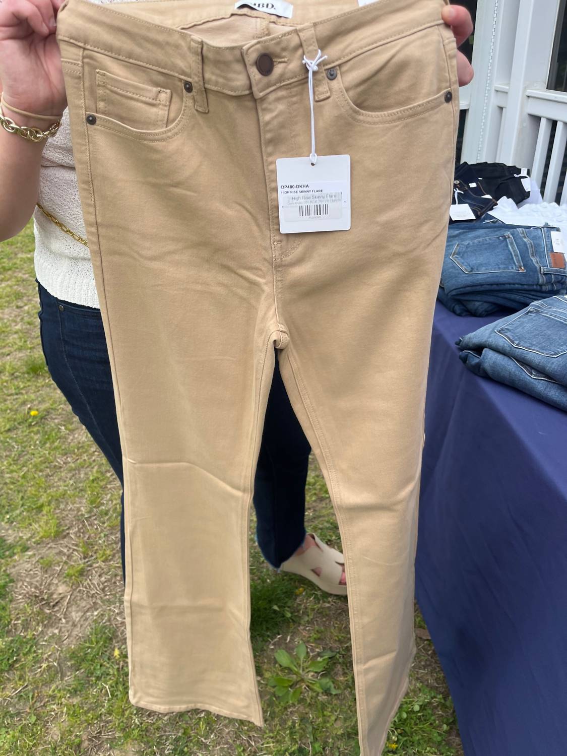 JUST BLACK DENIM Women's High Rise Skinny Flare Jeans in dark khaki - women's pants