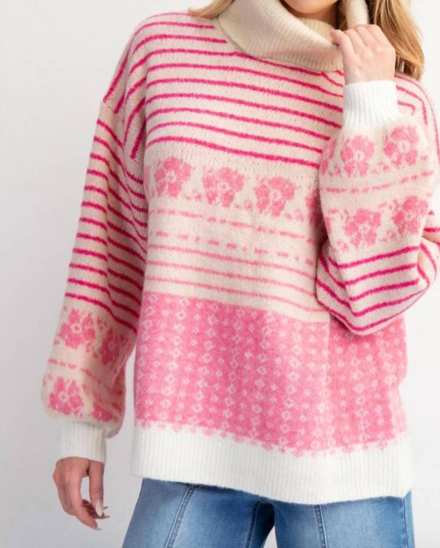 Easel - Multi Patterned Knit Sweater Pullover Sweater