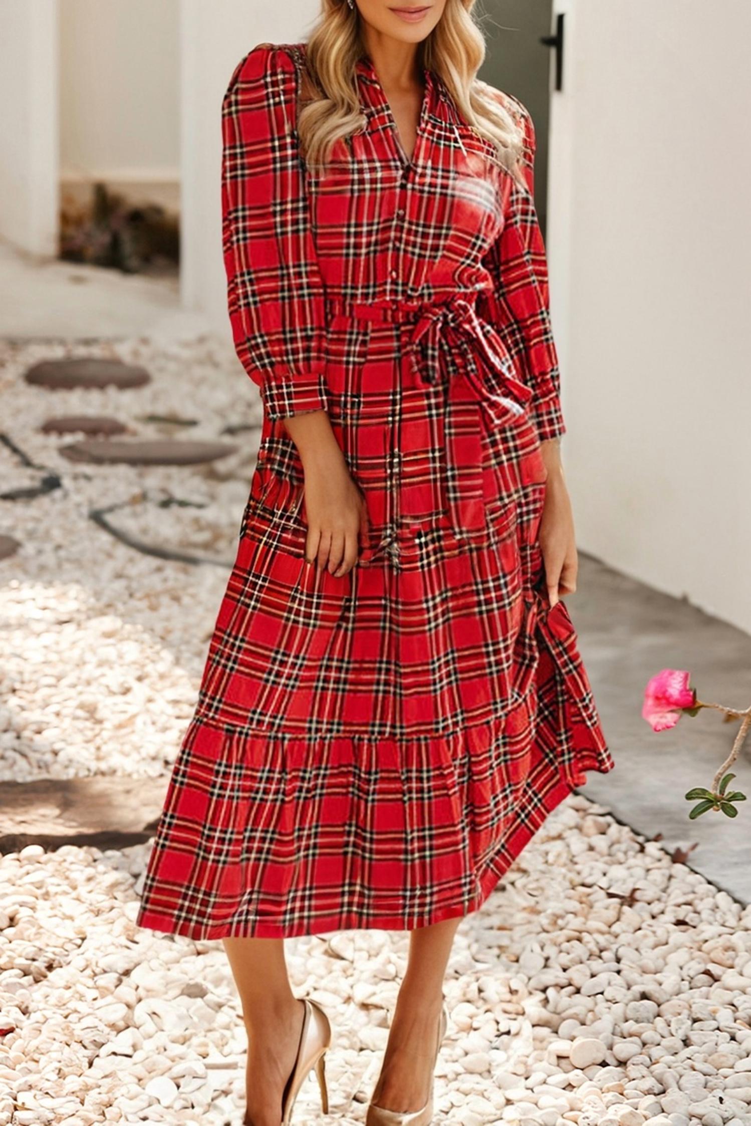 Little Daisy Closet - Plaid V Neck Tie Waist Ruffle Hem Midi Dress