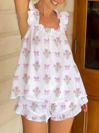 Rosa Clothing - Floral & Ribbon Bow Print Ruffled Top And Shorts Set