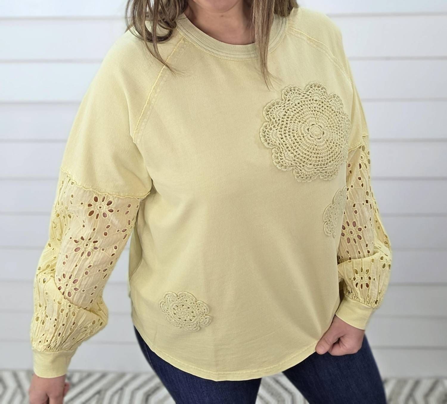 Easel Straw Eyelet Lace Contrast Knit Top in yellow - women's long sleeve top - alternate view