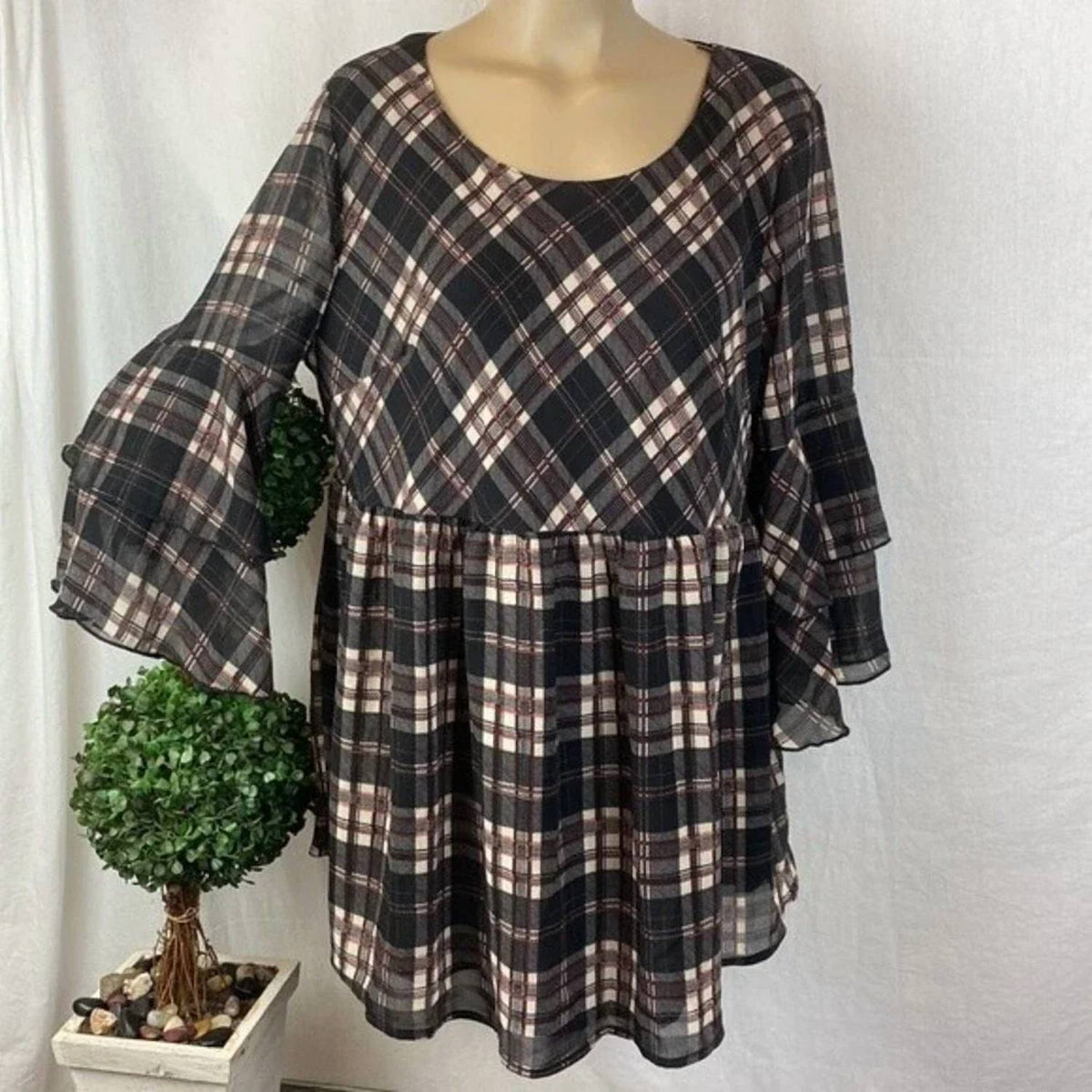 Suzanne Betro - Gingham Ruffle Sleeve Tunic Top