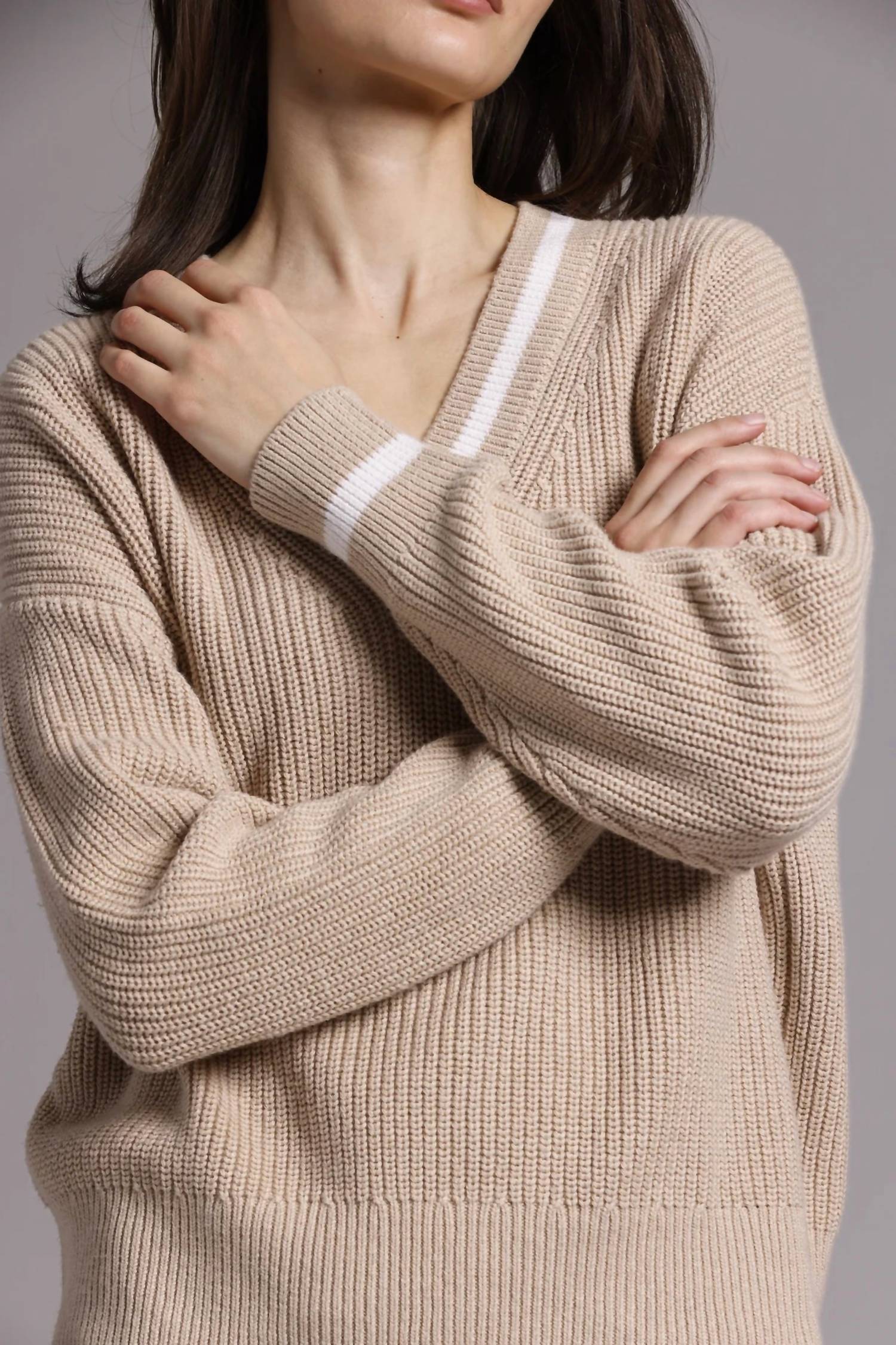 Minnie Rose - Women's Cotton Cashmere Shaker Relaxed V Neck Top