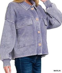 Zenana - Acid Wash Fleece Cropped Shacket With Front Pockets